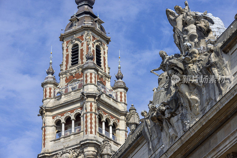 Tower of the Chamber of Commerce in the French city of Lille on the Place du Théâtre. The building was built between 1910 and 1921 and was designed by architect Louis Marie Cordonnier